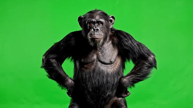 Aggressive chimpanzee standing in front of green screen background