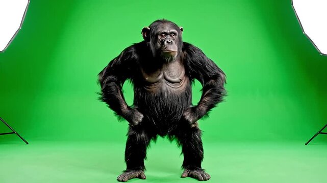 Chimpanzee standing on green screen with aggressive expression