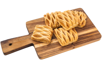 Fresh baked apple puff pastry with lattice crust and crispy dough layers. Minimal studio food shot on white background