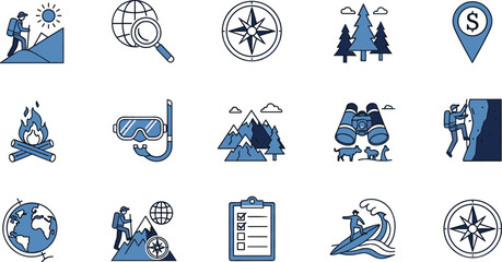 adventure travel icon set, hiking camping outdoor exploration, mountain climbing trekking tourism, navigation compass nature journey, vacation activity adventure illustration