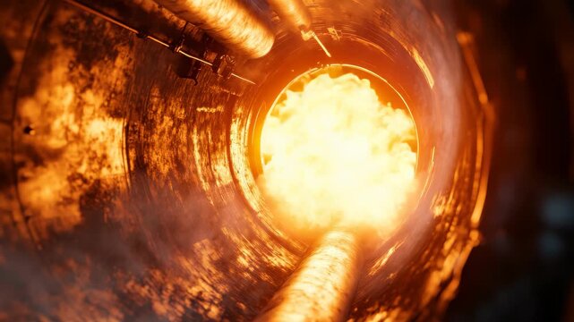 Rocket engine thrust chamber undergoes hot fire test with intense combustion and bright flames, Rocket engine thrust chamber performing a hot fire engine test seamless ing