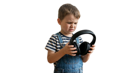 Confused little boy looking at black wireless headphones with puzzled expression, isolated on a transparent background