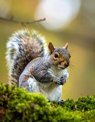 Naklejka premium A fluffy, gray and white rodent sits attentively on a moss-covered branch, looking off-camera. The bokeh background is out of focus