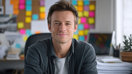 Young man smiling at office desk casual shirt creative workspace colorful sticky notes confident modern natural light paperwork