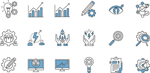 Business innovation growth icons set, analytics strategy development symbols, productivity improvement management, startup success vision, teamwork creativity performance illustration collection © LITON WORLD