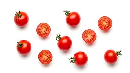 Fresh halved and whole red tomatoes.