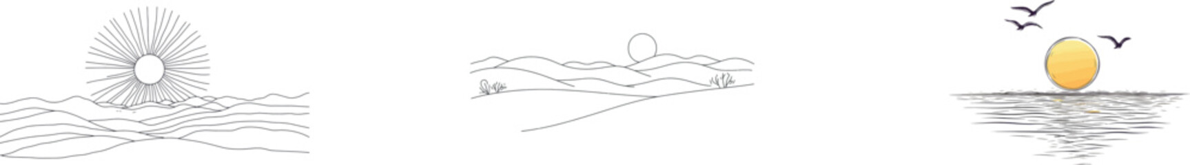 Continuous one line drawing sun art forms a Summer sun contour line sign in this line art illustration