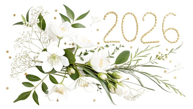 Elegant Happy New Year 2026 Floral Background with White Flowers and Golden Accents