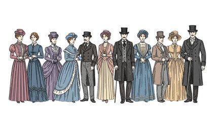 A group of people in Victorian attire standing together in a formal setting