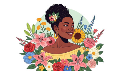 Obraz premium A young woman surrounded by vibrant flowers in a lush garden scene viewed from the front