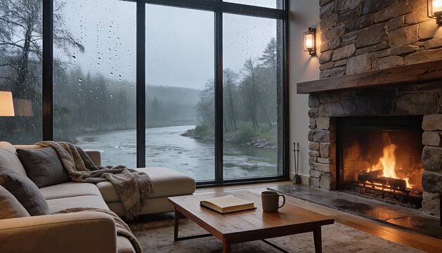 Cozy living room fireplace and couch with rain falling on river view window living room fireplace, sofa.