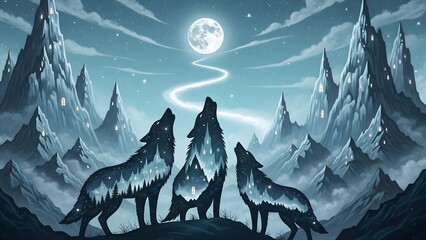 Three stylized wolves howl towards a bright full moon above mystical icy mountains featuring glowing windows and a swirling celestial path during a clear night.