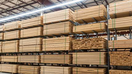 A well-organized timber warehouse filled with numerous stacks of light-colored wood planks and lumber on multi-level metal shelving