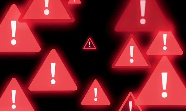 Red Warning Signs Floating Over Black Dark Backdrop Alert Notification System Cyber Security Threat Data Breach Error Message Flashing Light Problem Attention