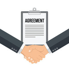 Business Partnership Handshake Agreement Vector Illustration with Contract Clipboard Background