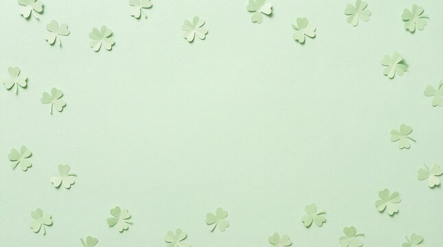 Soft pale green background with scattered small light green four leaf clovers, minimalistic st patricks day themed flat lay with copyspace
