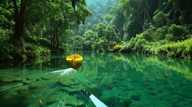 Tropical jungle river kayaking, yellow kayak floating on crystal clear turquoise water, lush green rainforest landscape with calm river reflection