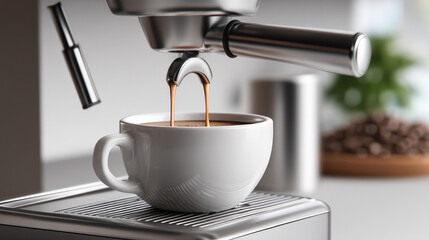 Espresso brewing in white ceramic cup on modern espresso machine, fresh coffee beans blurred in background, cozy morning mood