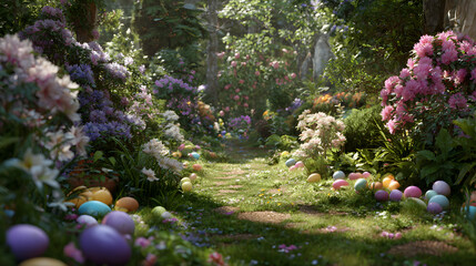 Easter egg hunt in a floral forest