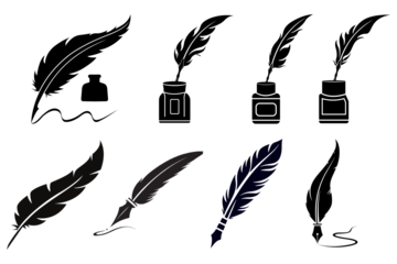 Quill pen with a feather and an inkwell filled with ink on a white background  pencil feather quill  Set of Bird Feather. Feathers set in a flat style. Black quill feather collection isolated on white