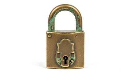 Old brass padlock with green rust.