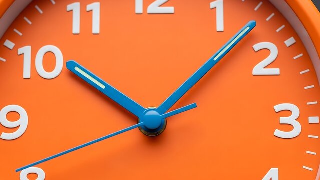 Close-up of orange clock face.