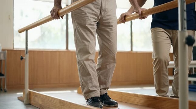 Rehabilitation Walking Practice with Wooden Parallel Bars and Physical Therapist in Indoor Setting and Natural Light with Beige Pants and Black Shoes