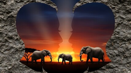 Conceptual image depicting two human profiles facing each other as a vase shape framing an African savanna sunset scene with elephants walking across the horizon at dusk