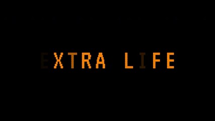 Pixelated 'EXTRA LIFE' text message animation with flickering letters on a black background. Classic Arcade Game in 4k text animated video quality. - Powered by Adobe