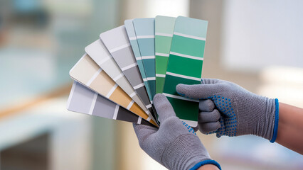 A person wearing work gloves holds a fan of color palettes in various shades of green, blue, grey, and beige, against a blurred background
