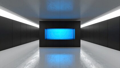 Futuristic hallway with black walls, bright ceiling, and blue screen
