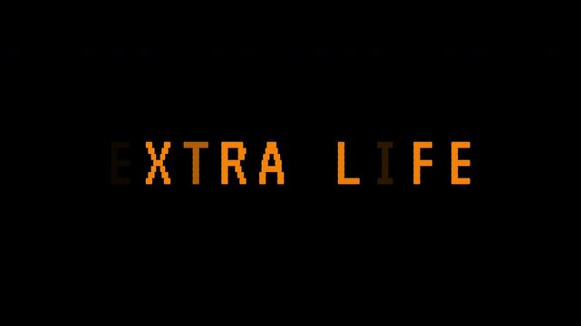 Pixelated 'EXTRA LIFE' text message animation with flickering letters on a black background.  Classic Arcade Game in 4k text animated video quality.