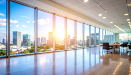 ソフトフォーカスのぼやけたイメージ画像　モダンなオフィスの窓から見たオフィスビル群の風景　太陽の光が射し込むオフィス　高層ビルのシルエット