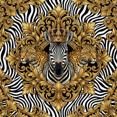 Luxury seamless maximalist pattern featuring zebra wearing crown and leopards with golden baroque scrolls on black and white striped background