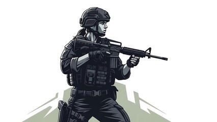 Soldier in tactical gear holding rifle.