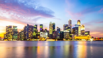 ソフトフォーカスの背景画像　水面に映る海沿いのオフィスビル街のイメージ画像　夕暮れ、イルミネーションのイメージ