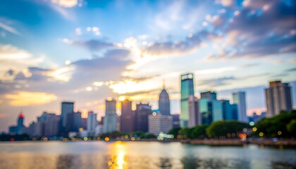 ソフトフォーカスの背景画像　水面に映る海沿いのオフィスビル街のイメージ画像　夕暮れ、イルミネーションのイメージ