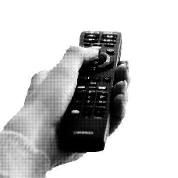 Black and white halftone illustration of a human hand holding a TV remote control. Minimal retro style symbolizing technology, entertainment, media control, streaming, and home leisure.
