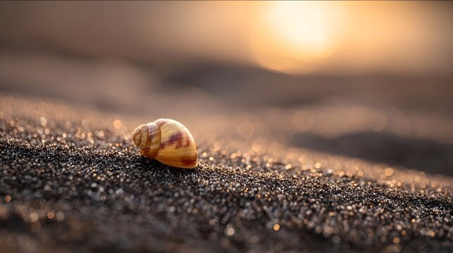 A solitary snail shell rests on dark sparkling sand at the beach during a warm golden sunset - Powered by Adobe