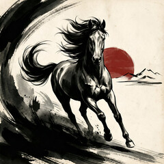 Ttraditional chinese ink brush painting of a running black horse against a red sun and mountains in sumi-e style