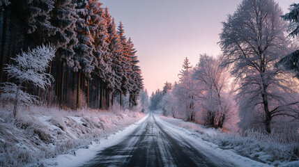 Obraz premium Scenic winter road through a frozen pine forest during a colorful pink sunrise with frost on trees