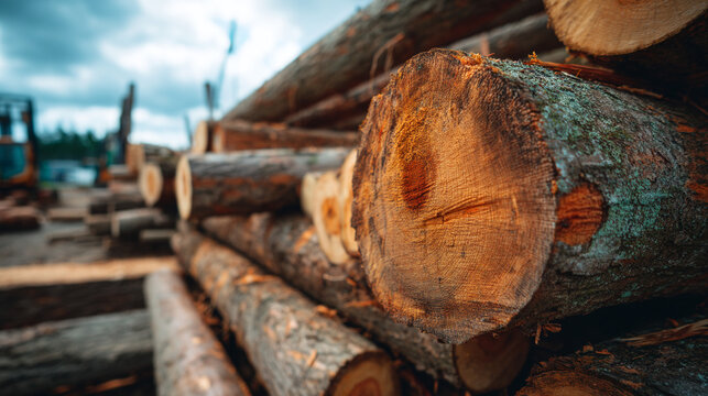 Detailed close-up of cut tree trunks in a large lumber pile, timber forestry industry and natural wood textures in sawmill