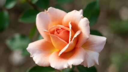 Fototapeta premium Vibrant peach and apricot rose in soft focus garden setting, beautiful