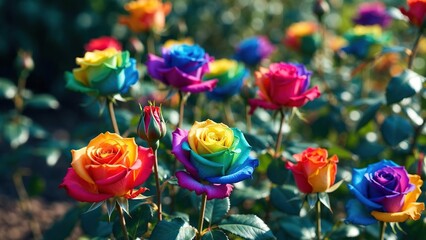 Colorful rainbow roses blooming with vibrant petals in a lush green garden