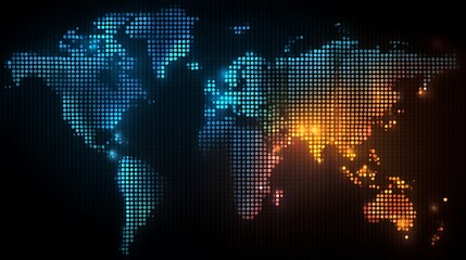 Glowing digital world map comprised of squares in blue, orange, and teal hues