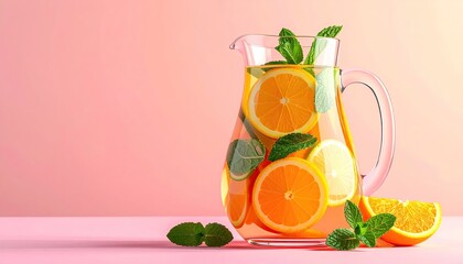 Clear pitcher of fruity, refreshing drink with mint on a pink background