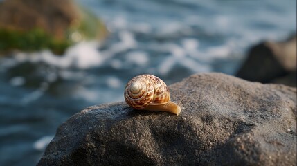 A detailed ro shot of a snail with a patterned spiral shell on a textured rock with the ocean blurred in the background