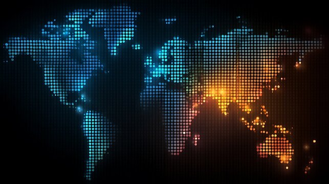 Glowing digital world map comprised of squares in blue, orange, and teal hues - Powered by Adobe