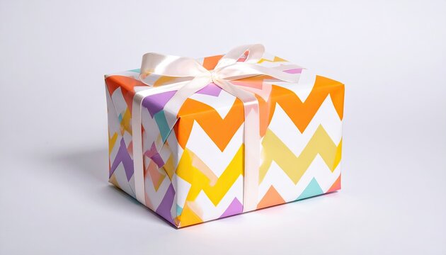 Colorful present with chevron pattern, tied with a satin ribbon on white - Powered by Adobe