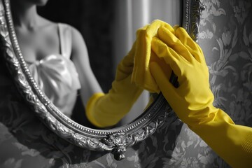 Girl in yellow rubber gloves cleans a mirror in a beautifully decorated room with intricate wallpaper during daylight